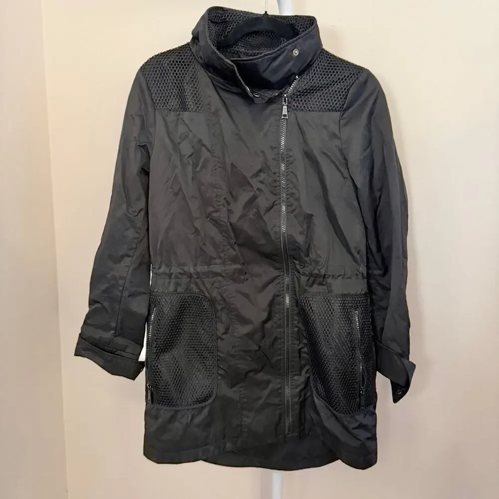 T TAHARI Women's Alexa Black Mesh Asymmetrical Zip Hooded Raincoat Jacket S